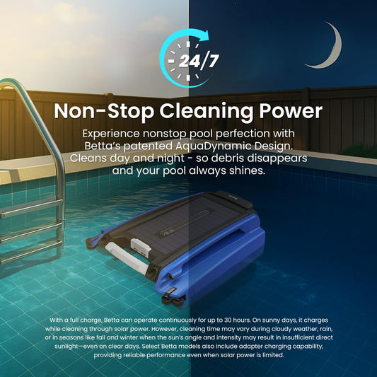 Betta SE Solar Powered Robotic Pool Skimmer, 24/7 Continuous Cleaning, Twin Salt-Chlorine Resistant Motors