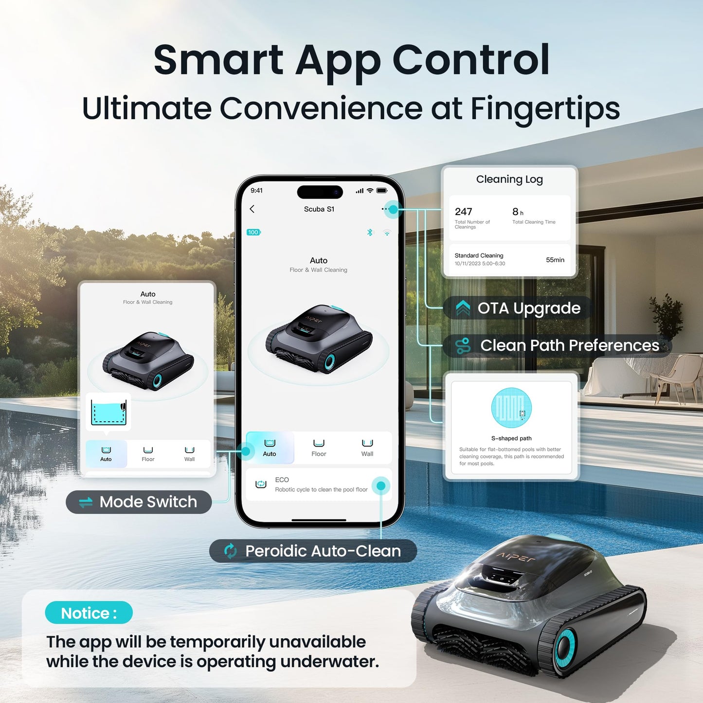 Aiper Scuba S1 Robotic Pool Cleaner, 270 min Runtime, Smart Navigation, 11 Sensors, App Support