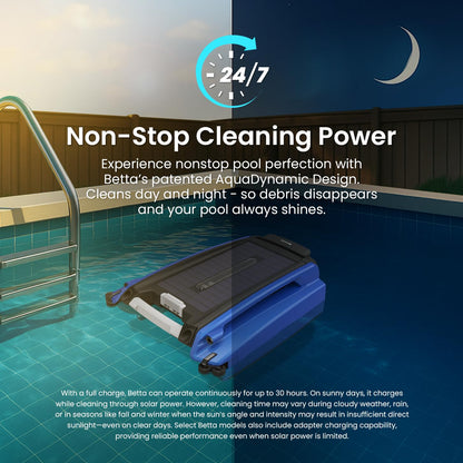 Betta SE Solar Powered Robotic Pool Skimmer, 24/7 Continuous Cleaning, Twin Salt-Chlorine Resistant Motors