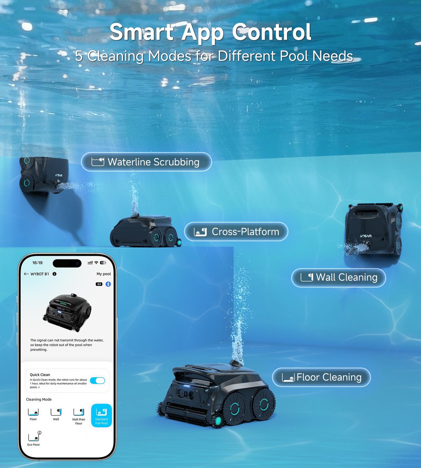 WYBOT 2026 Cordless Pool Vacuum, 4-in-1 Smart Cleaner, Six-Roller Brush, Edge Cleaning, App Navigation