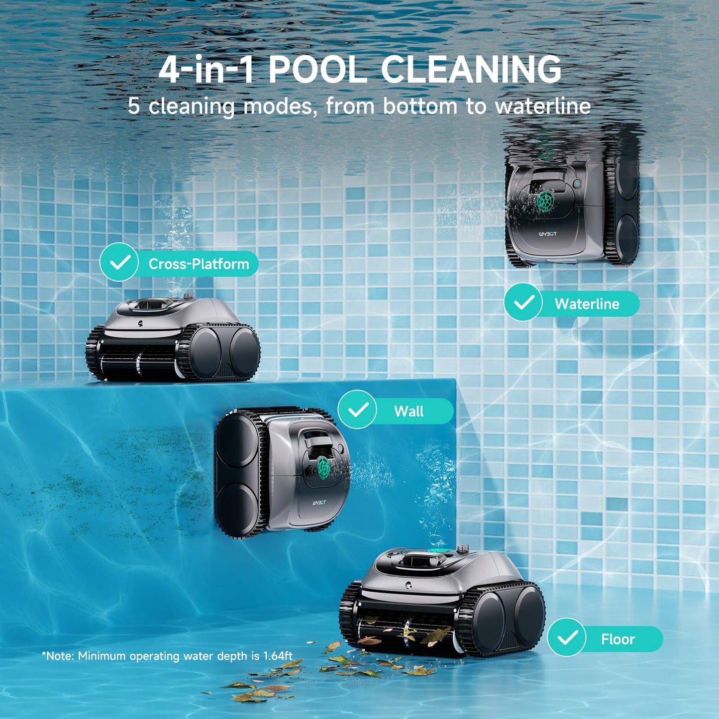 WYBOT C1 Cordless Pool Vacuum, 4-in-1 Smart Cleaner, 150 min Runtime, App Control Navigation